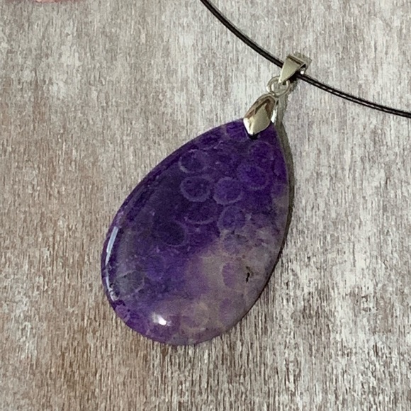 Purple Chrysanthemum Coral Fossil Teardrop Pendant Necklace – One of a Kind - Picture 8 of 10
